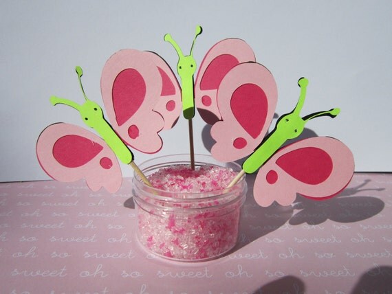 12 Pink Lime Green Butterfly Toppers / Picks Il_570xn