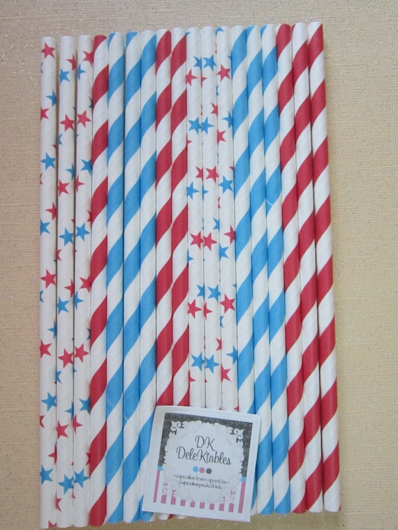 24 Star Blue Red Striped Retro Vintage Paper Drinking Straw Il_570xn
