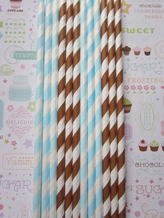 24 Light Blue & Brown Striped Paper Straws Il_570xn