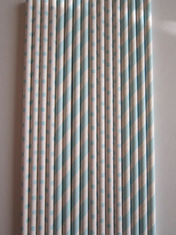 24 Light Blue Striped & Light blue Small Dot Paper Straws Il_570xn