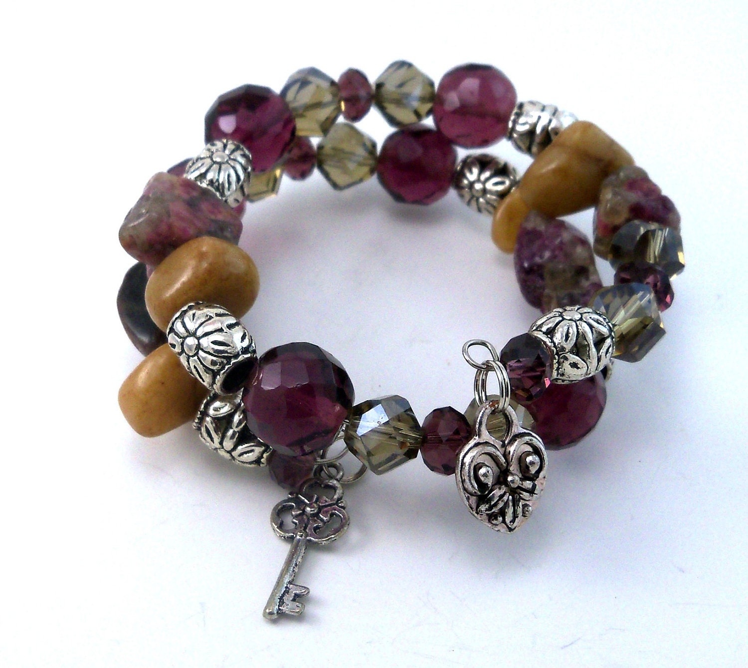 Bracelet, Vintage Purple Beads, Heather Amethyst, Jade, Glass and Silver