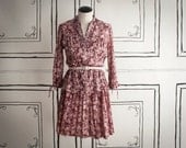 70s pink & burgundy floral peplum dress m/l
