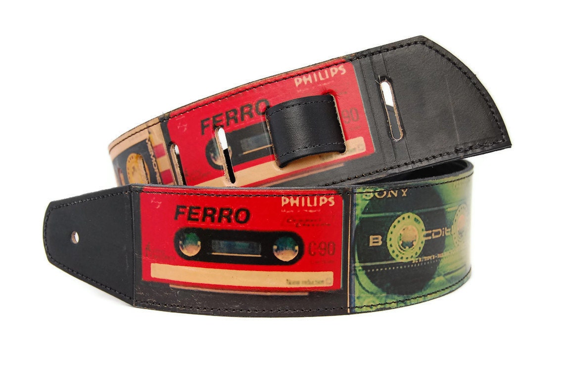 Guitar strap / Leather mens and women guitars strap / RETRO CASSETTES