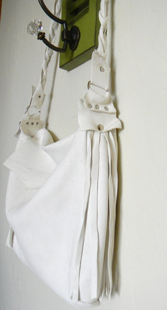 Fringe Leather Handbag Tote in White