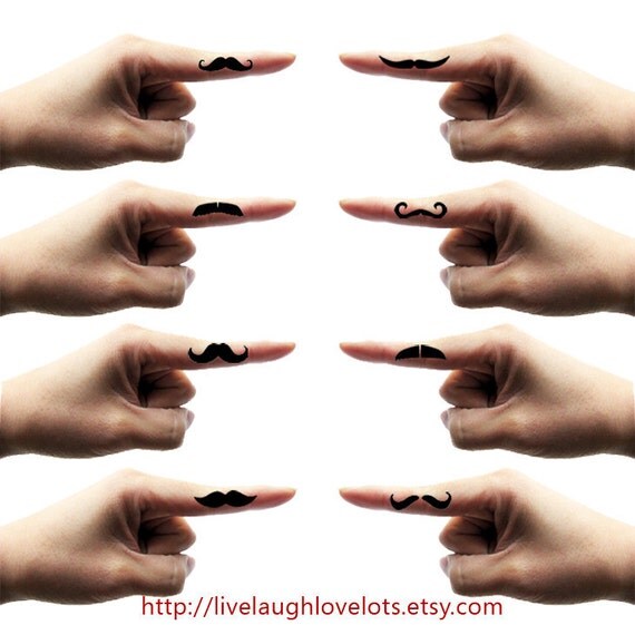 Fingerstache Mustache Temporary Tattoos. Set of 8. Color customizable. Movember.