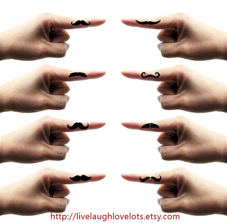 Fingerstache Mustache Temporary Tattoos. Set of 8. Color customizable. Movember.