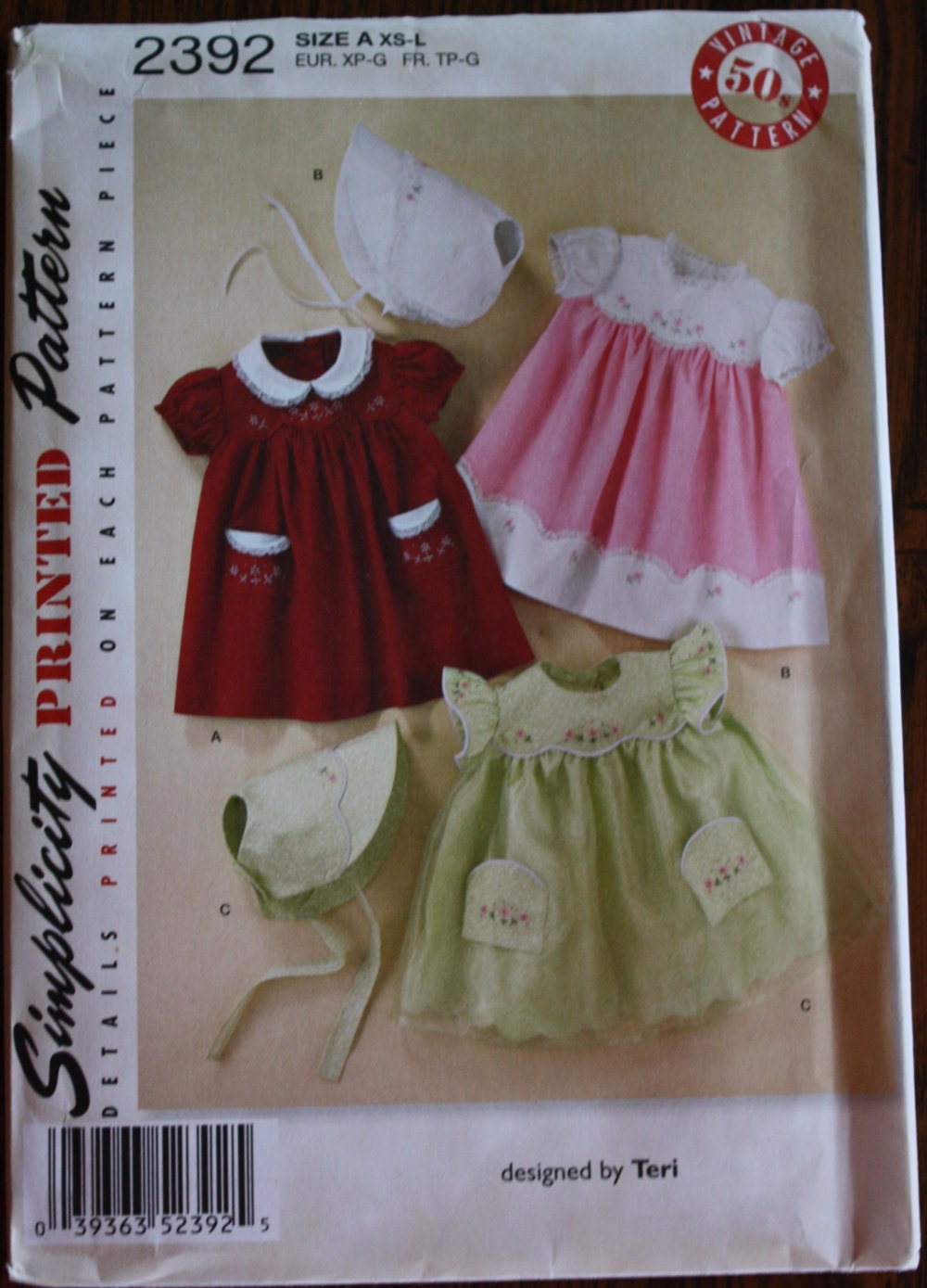 Vintage 50s Baby Pattern, Babies Dress and Bonnet Pattern, Simplicity 2392, sizes XS-L