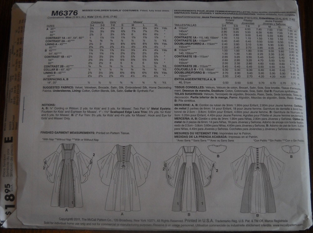 Renaissance Medieval Costume Kids McCalls 6376 Sizes 3-8