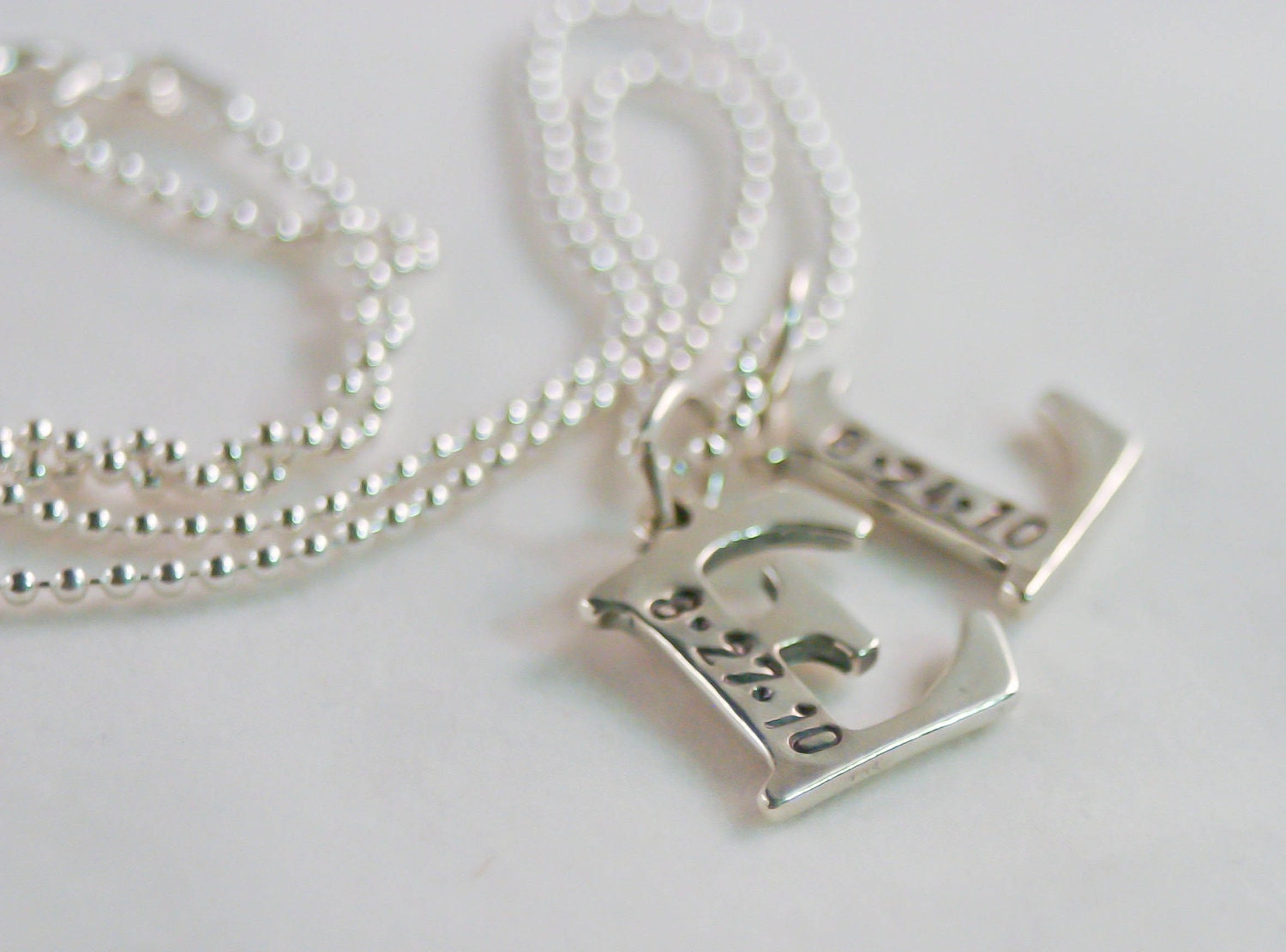 Sterling Silver Initial Letter Necklace with Two Letters and Birthday or Wedding Date - The "Ella"