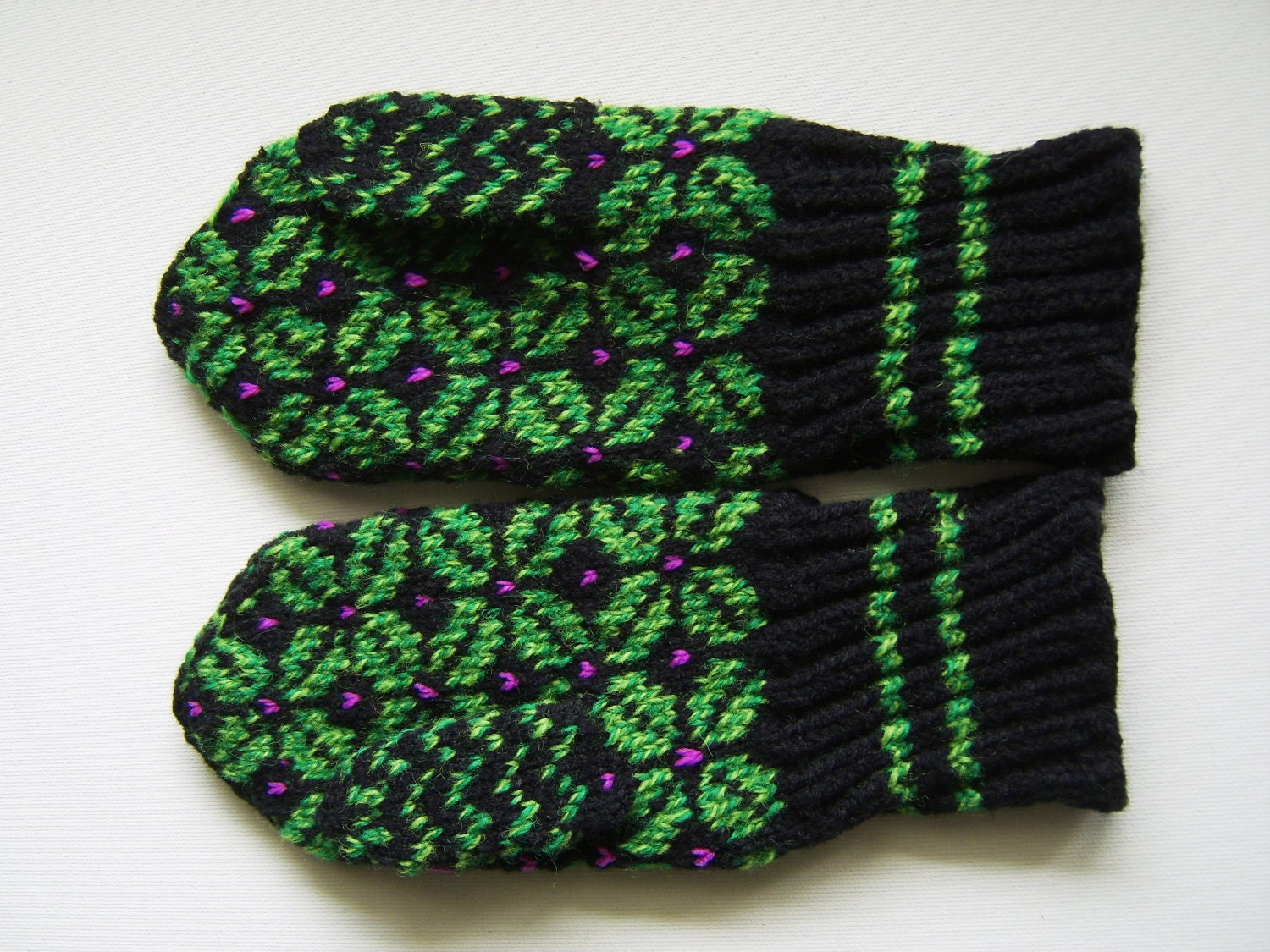 Hand Knitted Mittens - Black and Green