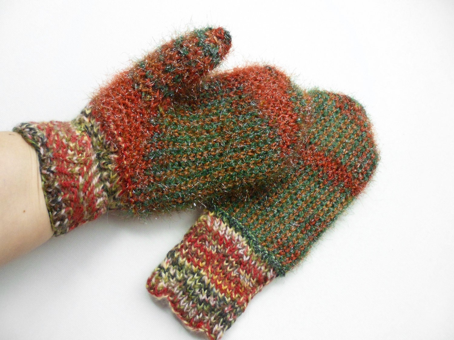 Hand Knitted Mittens - Dark Green and Brown, Size Medium