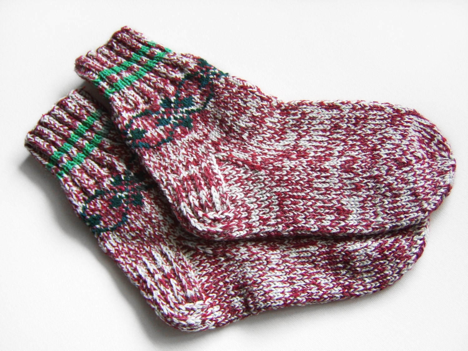 Hand Knitted Wool Socks - Cherry and Gray, Size Medium