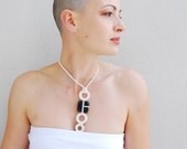 Pendant necklace black and white Crochet necklace ceramic pendant / Geometry charm black and white  Modern pendant necklace Textile jewelry
