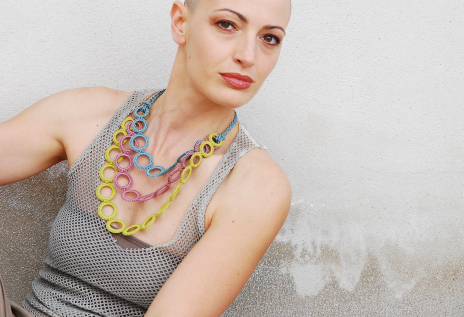 ON SALE Statement bib necklace / Crochet necklace pink green lime / Textile jewelry / Spring fiber italian  jewelry / Pastel colors