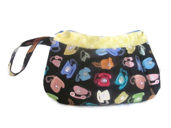 Buttercup Zipper Clutch Bag Purse, Cosmetic Bag, Makeup Bag, Clutch, Buttercup Bag, vintage phones