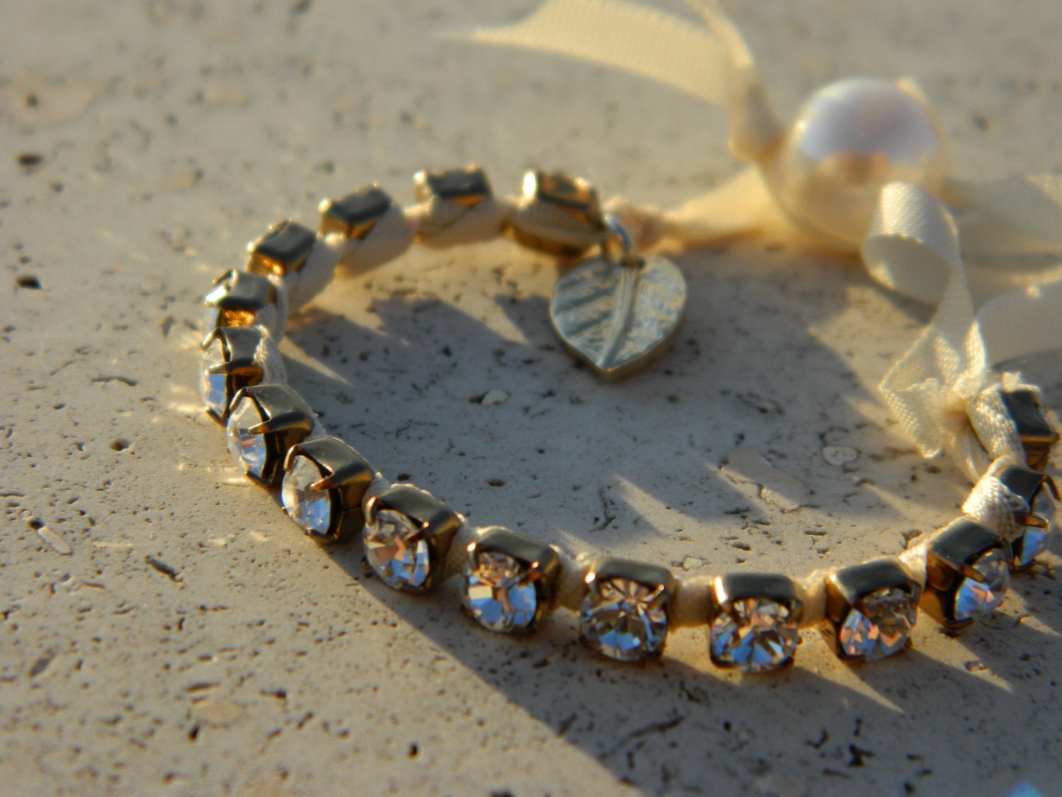 Swarovski Crystal Wrapped Bronze Metal Chain Bracelet with Gold Leaf Charm and Pearl Closure