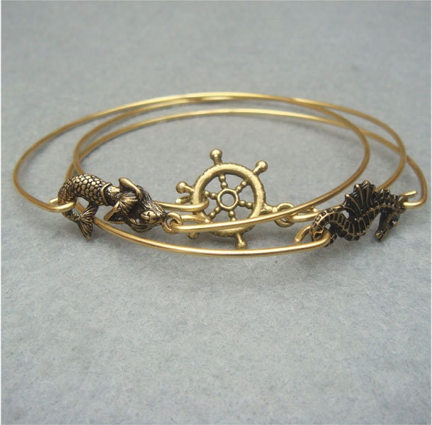 Mermaid Helm and Seahorse Brass Bangle 3 Bracelet Set