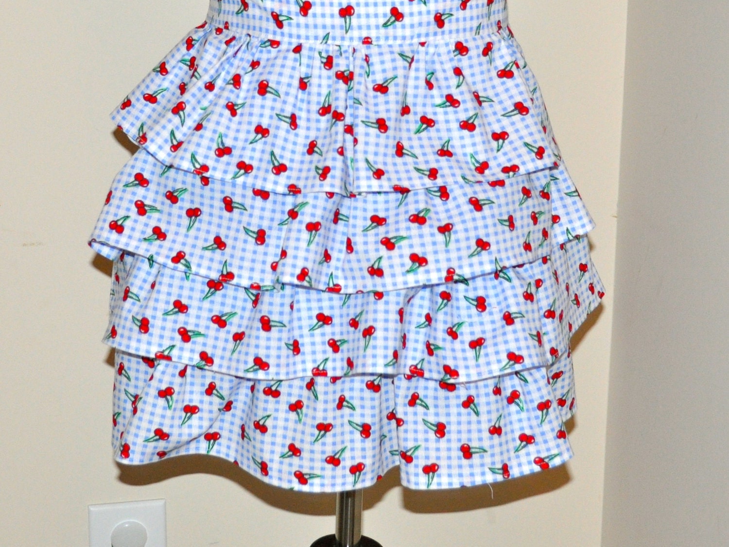 Ruffle apron, Cherries on blue gingham women's ruffle apron, ready to ship