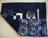 Cutlery Holder--Delicate Placemat--Cloth Flatware Case Roll Wrap--Picnik Flatware Holder--Navy Set of Two