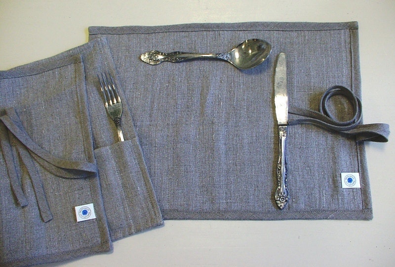 Cutlery Holder--Delicate Placemat--Cloth Flatware Case Roll Wrap--Picnik Flatware Holder--Ecru Set of Two