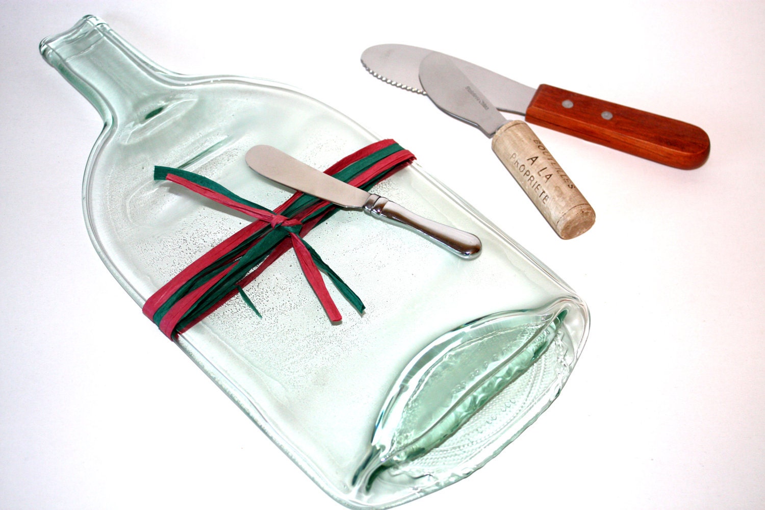 Wine Bottle Plate With Choice of Cheese Spreader - Large Bottle, Recycled Plate