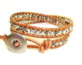Mirror Beaded Leather Wrap Bracelet - fire-polished mirror silver czech glass on tan leather - Chan Luu Style - MADE TO ORDER