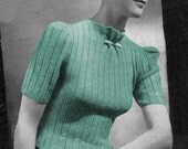 1940s High Neck, Puff Short Sleeves Ribbed Sweater Jumper - Knit pattern PDF 1051
