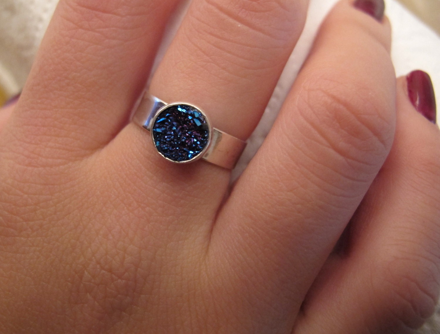 Blue Drusy Ring/Sterling Silver Ring with round blue drusy/druzy stone