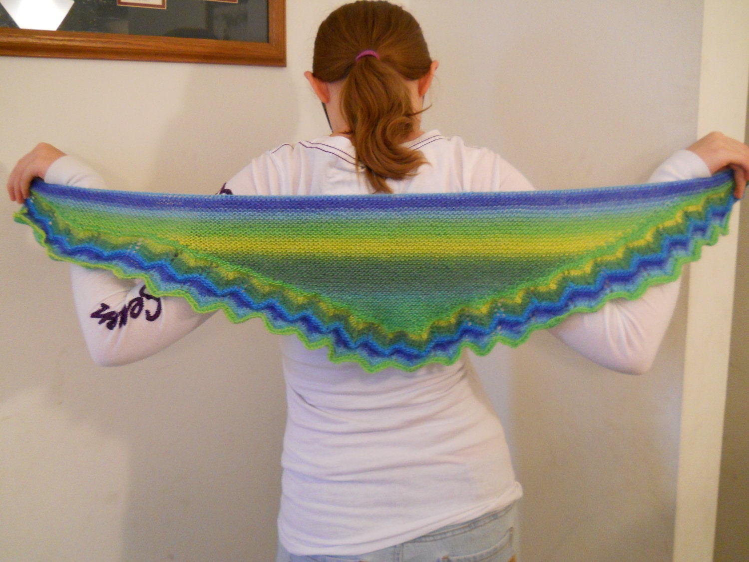 Hand Knit Narrow Crescent Scarf - 100% Kettle Dyed Wool - Free Shipping