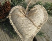 Rustic burlap heart ornaments - set of 6