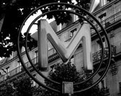 Paris Photo - Metro M Subway Sign - Parisian Travel Photograph - 8x10 B&W