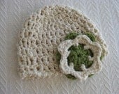 Organic Cotton Crochet Baby Hat with Flower Cream and Pistachio Green OOAK