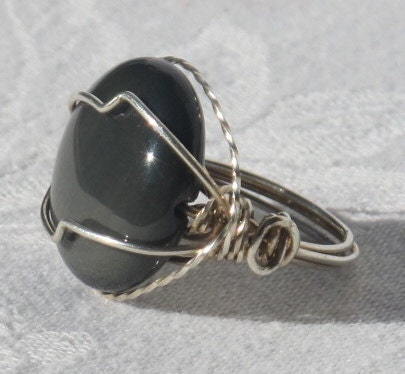 Ten-Dollar-Dazzler  Black/Charcoal Obsidian Wire Wrapped Artisan Ring - Sz 7 1/4