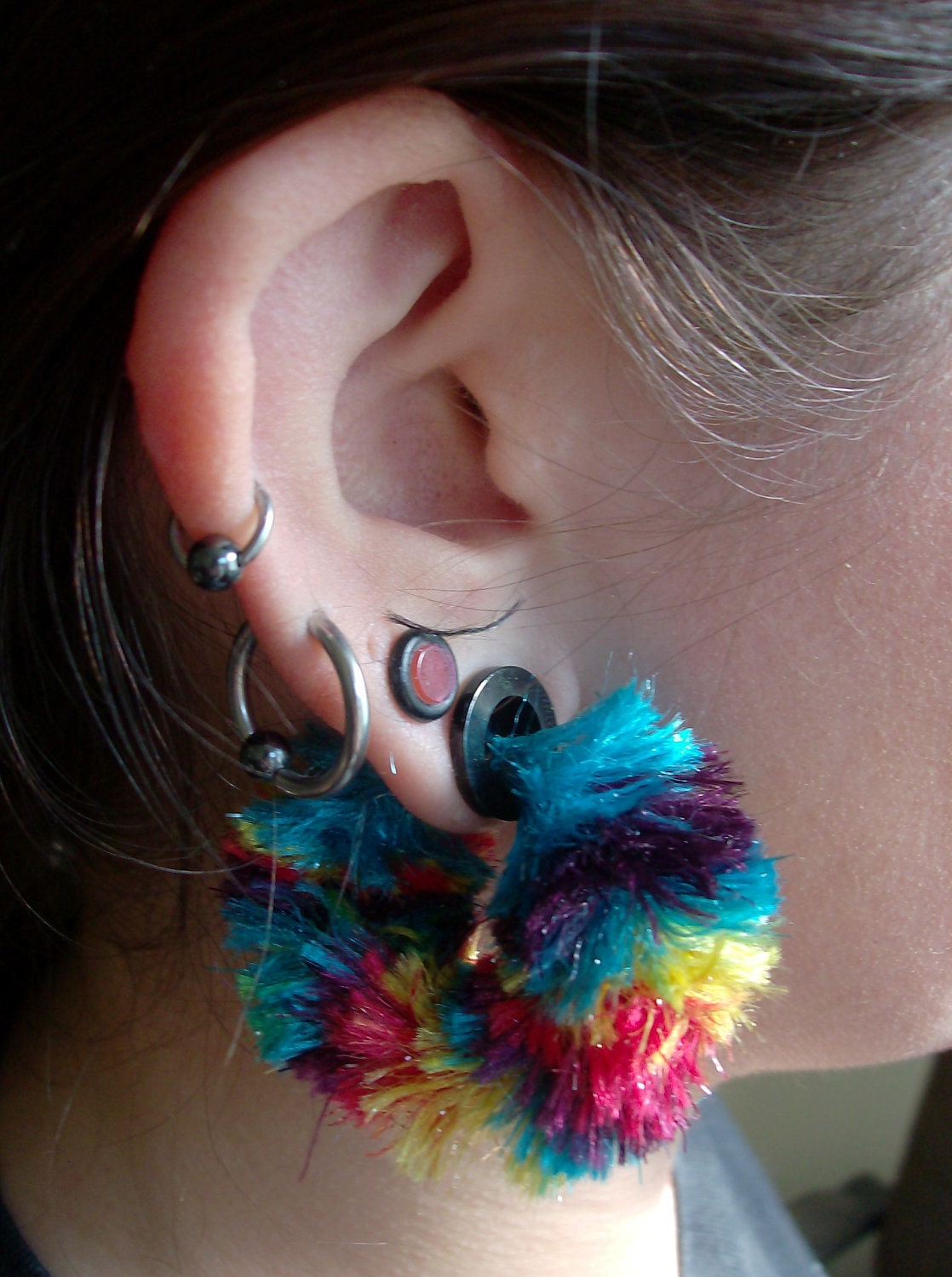 Furry Rainbow Glitter Earrings for people with gauges