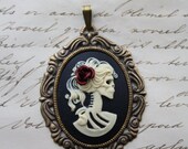SILVER or BRASS Skeleton cameo pendant - gothic victorian lady - with rose  (CUSTOMABLE)