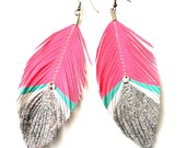 Bowie  -  Pink Neon and Silver Glitter with Swarovski Crystal - Faux Leather Feather Earrings - Surgical Steel