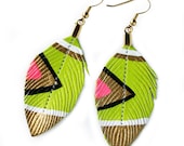 Neon Aztec  - Green Apple - 3 inch - Hand Painted Faux Leather Feather Earrings
