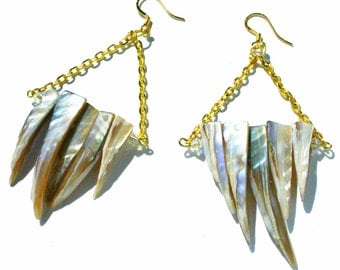 Barracuda - Gold chain, Swarovski Crystal, and Tooth Shell Earrings
