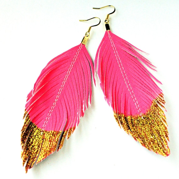 Neon Pink Gold Glitter Dipped - Faux Leather Feather Earrings - Surgical Steel Available - FREE SHIP