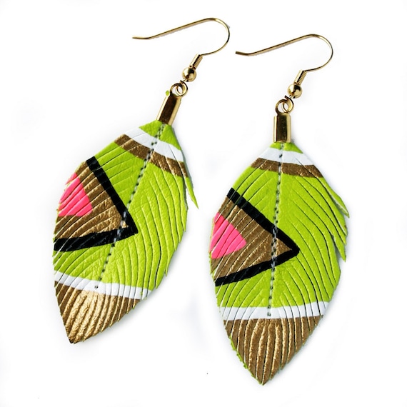Neon Aztec - Green Apple - 3 inch - Hand Painted Faux Leather Feather Earrings