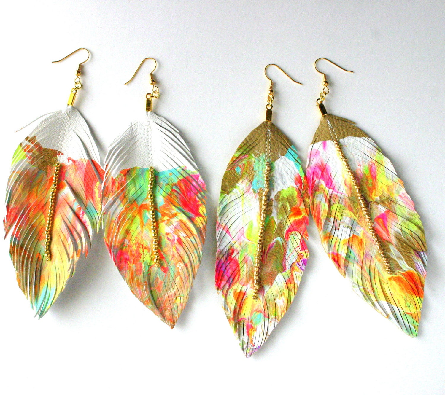 Painters Palette - Faux Leather Feather Earrings- Tan/Nude or White