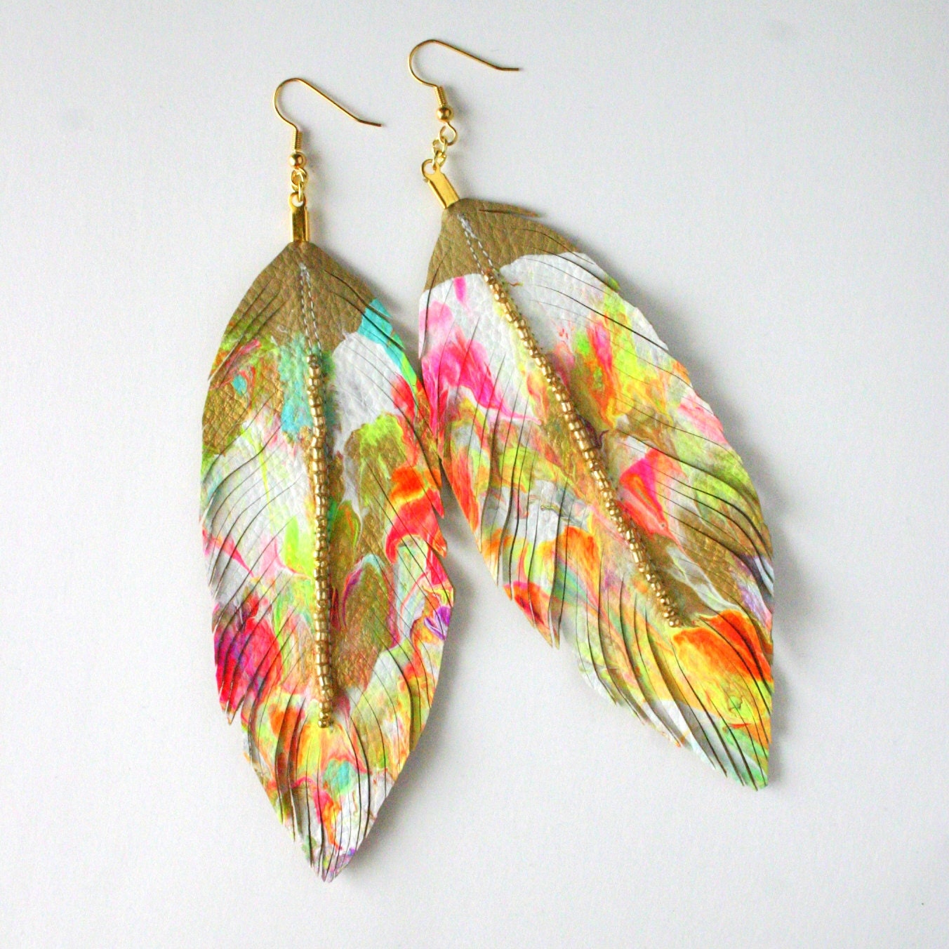 Painters Palette - Faux Leather Feather Earrings- Tan/Nude or White