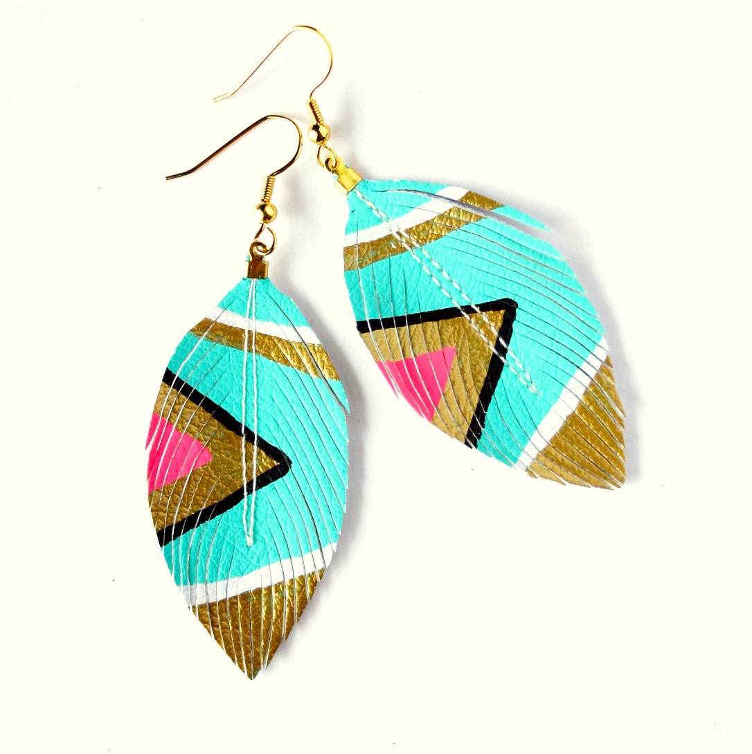 Itty Bitty Neon Aztec - 2.5 inch - Faux Leather Feather Earrings - Assorted Colors Available - SALE -  Free Shipping