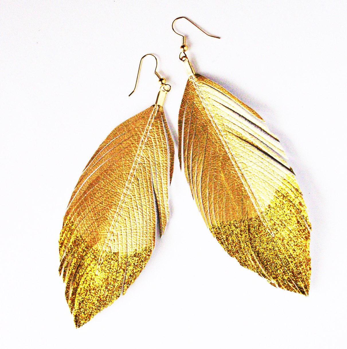 Dangle Earrings Metallic Glitter Dipped - Faux Leather Feather Earrings Accessories - Surgical Steel Available - FREE US SHIP