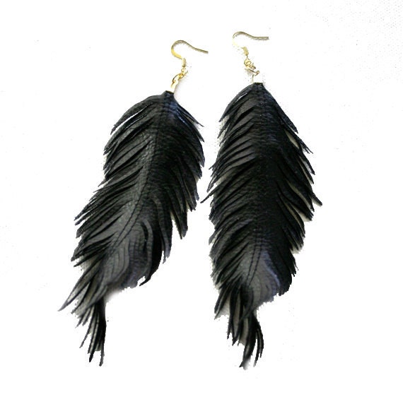 Black Swan - Faux Leather Feather Earrings - Surgical Steel Available