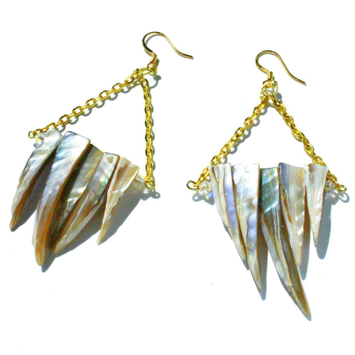 Barracuda - Gold chain, Swarovski Crystal, and Tooth Shell Earrings