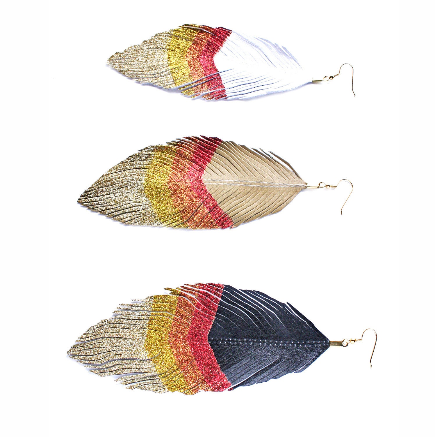 Girl On Fire - Glitter and Faux Leather BIG Feather Earrings