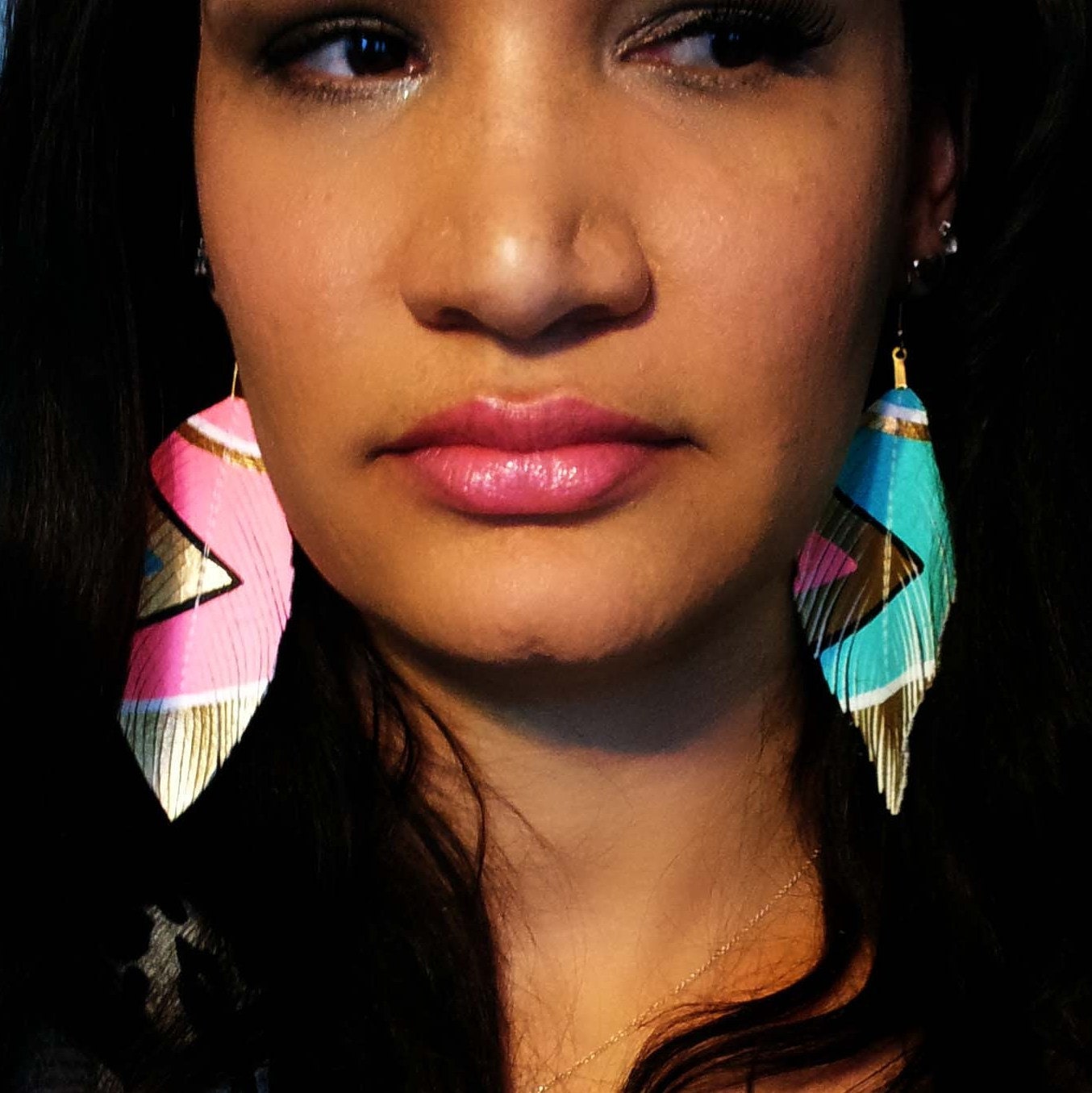 Neon Aztec - 4.5 inch - Faux Leather Feather Earrings - Electric Pink and Blue - FREE SHIP