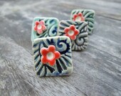 SALE Rustic blue green ring bright red flower Paisley wood block stamp adjustable ring base
