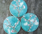 Coaster, ceramic, cherry blossom, round turquoise crackle glaze, Sakura, pink blossom MADE TO ORDER